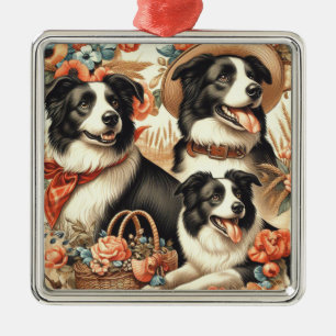 Vintage Border Collie  Painting Metal Tree Decoration