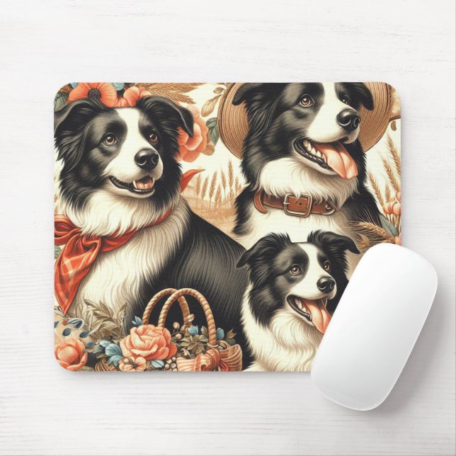 Vintage Border Collie  Painting Mouse Pad (With Mouse)