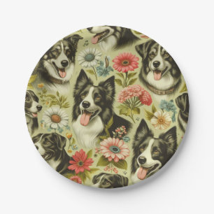 Vintage Border Collie Painting Paper Plate