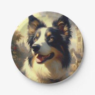 Vintage Border Collie Painting Paper Plate