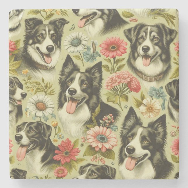 Vintage Border Collie Painting Stone Coaster (Front)