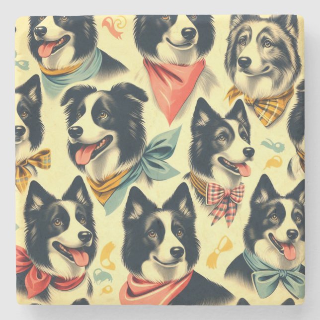 Vintage Border Collie Seamless Stone Coaster (Front)