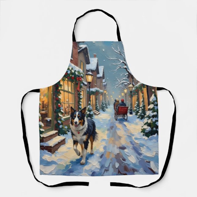 Vintage Border Collie Snowy Village Christmas Apron (Front)