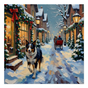 Vintage Border Collie Snowy Village Christmas Poster