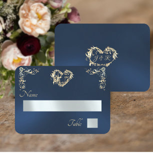 Vintage Border & Monogram - Blue Place Card