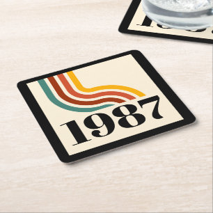 Vintage Born in 1987 Retro Stripe 40th Birthday Square Paper Coaster