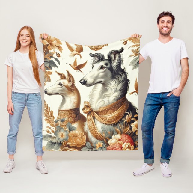 Vintage Borzoi Dog Illustration Fleece Blanket (In Situ)