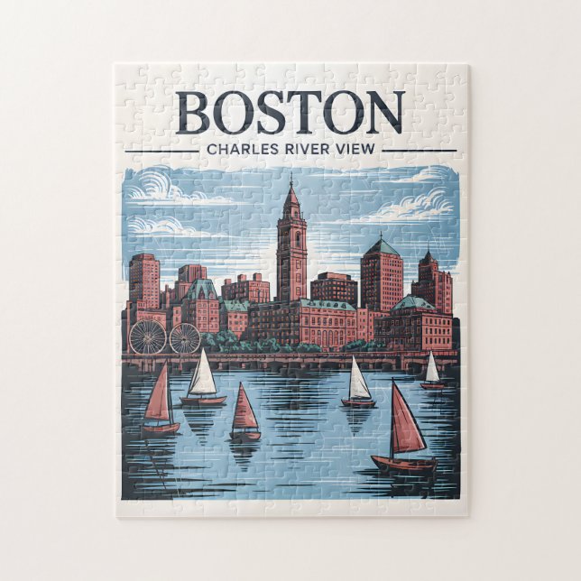 Vintage Boston Massachusetts Cityscape & Sailboats Jigsaw Puzzle (Vertical)