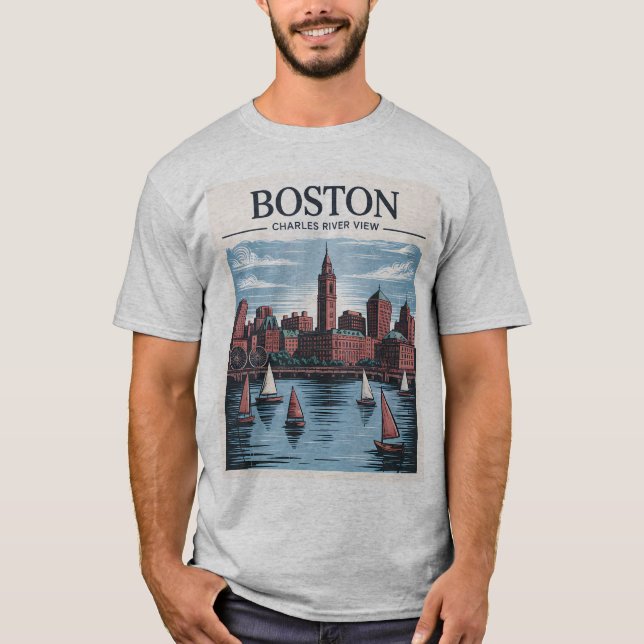 Vintage Boston Massachusetts Cityscape & Sailboats T-Shirt (Front)