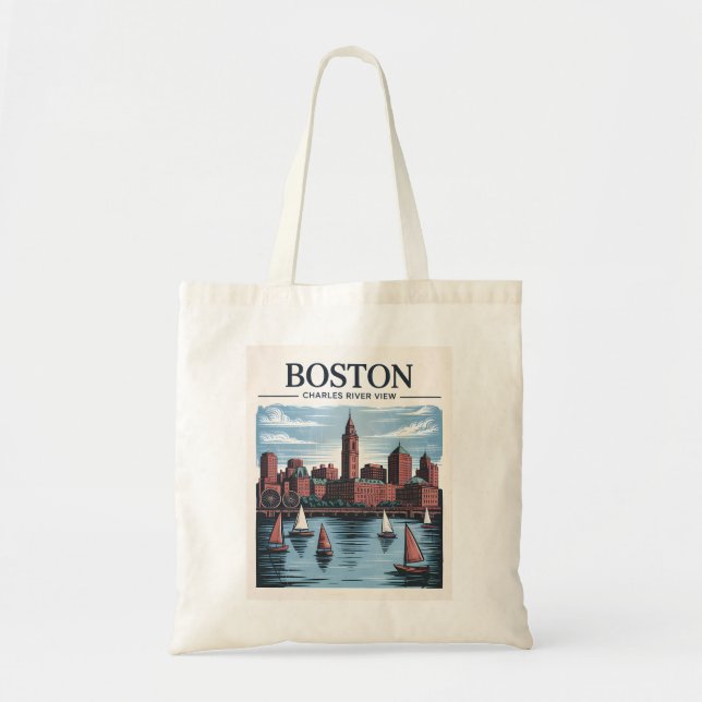 Vintage Boston Massachusetts Cityscape & Sailboats Tote Bag (Front)