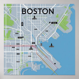 Vintage Boston Massachusetts Map, Boston Ma Us Map Poster