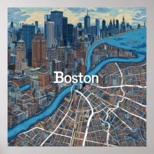 Vintage Boston Massachusetts Map, Boston Ma Us Map Poster
