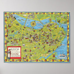 Vintage Boston Pictorial Map Poster 1955