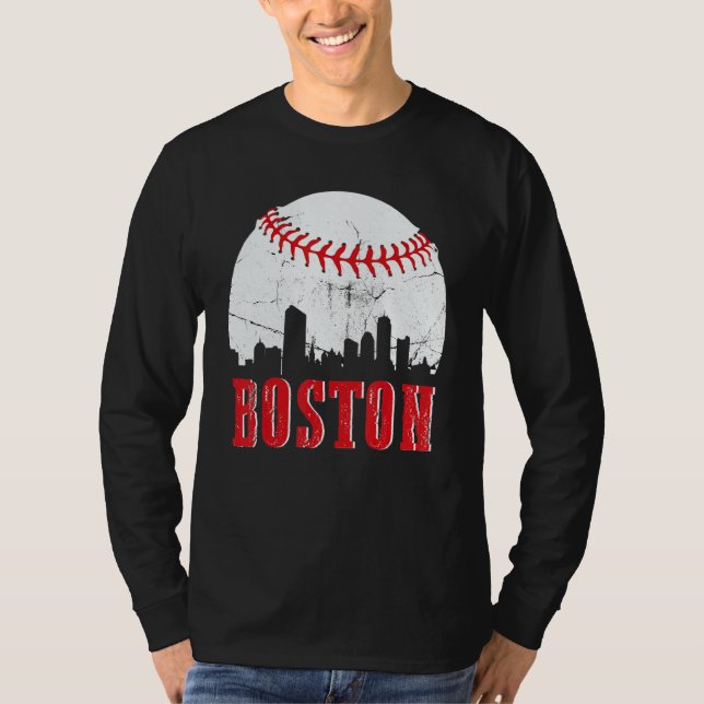 Vintage Boston Skyline Baseball Game Day T-Shirt (Front)