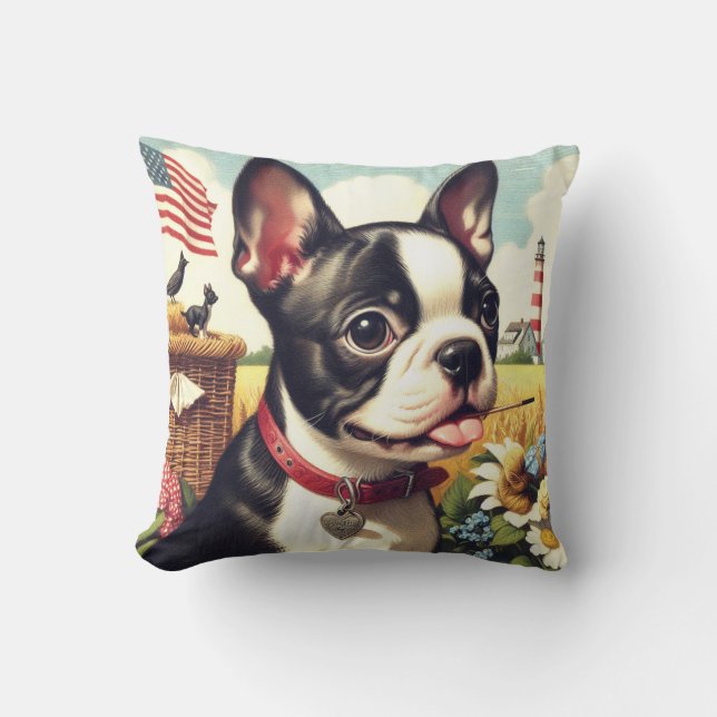 Vintage Boston Terrier Illustration Cushion (Front)