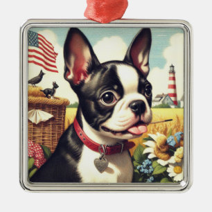 Vintage Boston Terrier Illustration Metal Tree Decoration