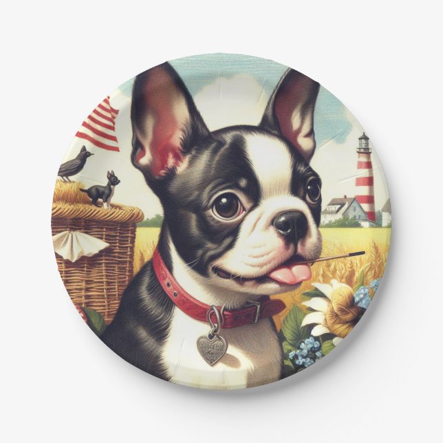 Vintage Boston Terrier Illustration Paper Plate (Front)