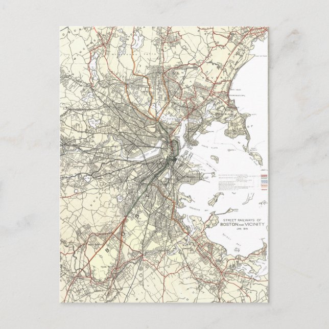 Vintage Boston Transit Line Map (1914) Postcard (Front)