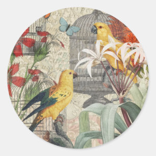 Vintage Botanical Bird Nature Antique Tropical  Classic Round Sticker