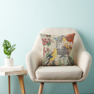 Vintage Botanical Bird Nature Antique Tropical Cushion