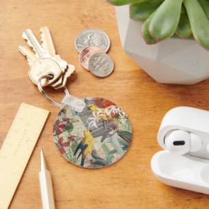 Vintage Botanical Bird Nature Antique Tropical  Key Ring