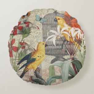 Vintage Botanical Bird Nature Antique Tropical  Round Cushion