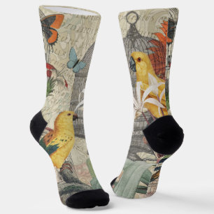 Vintage Botanical Bird Nature Antique Tropical Socks