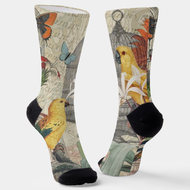 Vintage Botanical Bird Nature Antique Tropical  Socks (Angled)