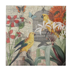 Vintage Botanical Bird Nature Antique Tropical Tile