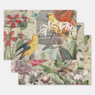 Vintage Botanical Bird Nature Antique Tropical  Wrapping Paper Sheet