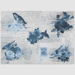 Vintage Botanical Birds Blue Flowers Decoupage Tissue Paper