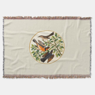 Vintage Botanical Birds Illustration Square Wall Throw Blanket