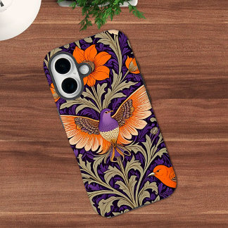 Vintage Botanical Birds in Orange and Purple iPhone 16 Case