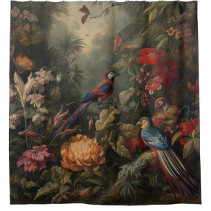 Vintage Botanical Birds in Paradise Moody Tropical Shower Curtain