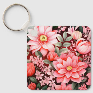 Vintage Botanical Blooming Flower Garden Key Ring