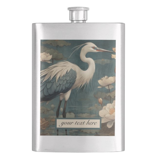 Vintage botanical blue crane customisable  hip flask (Front)
