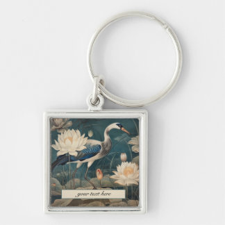 Vintage botanical blue crane customisable key ring