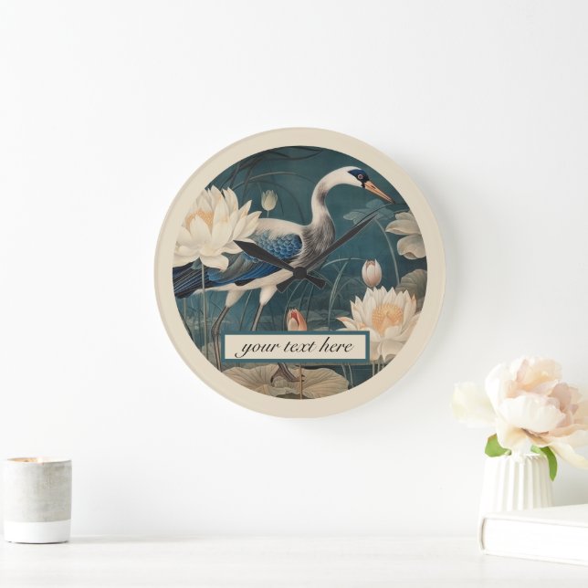 Vintage botanical blue crane customisable  large clock (Home)