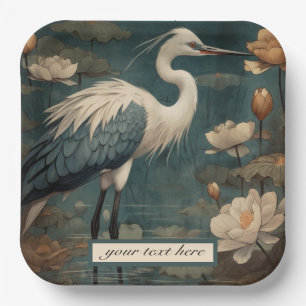 Vintage botanical blue crane customisable paper plate