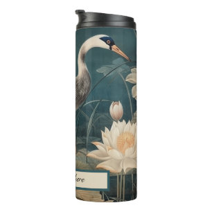Vintage botanical blue crane customisable thermal tumbler