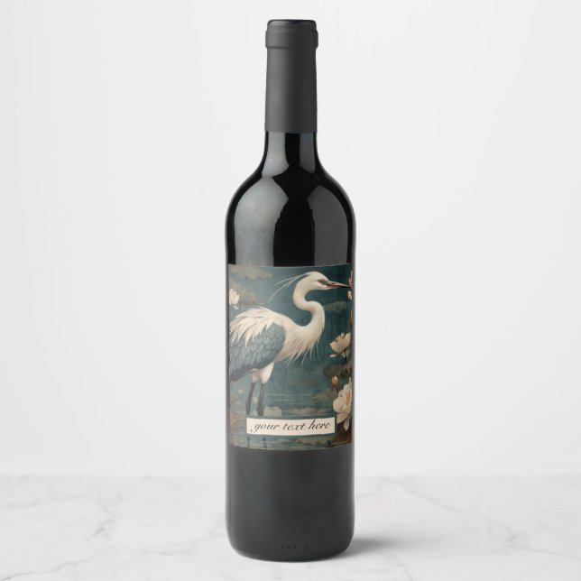 Vintage botanical blue crane customisable  wine label (Front)
