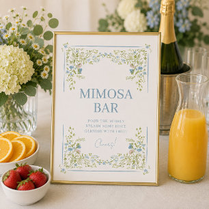 Vintage Botanical Blue Floral Mimosa Bar Sign