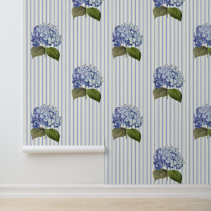 Vintage Botanical Blue Hydrangea Flower Stripe Wallpaper