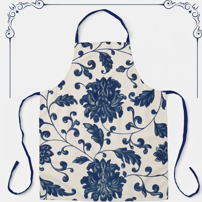 Vintage Botanical Blue + White Floral Pattern Apron (This beautiful blue + creamy white vintage floral pattern apron makes a great gift!)