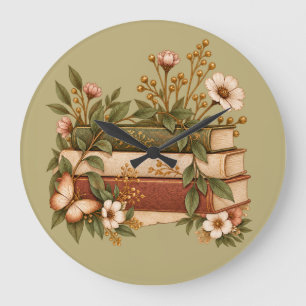 Vintage Botanical Books & Wildflowers Sage Green Large Clock