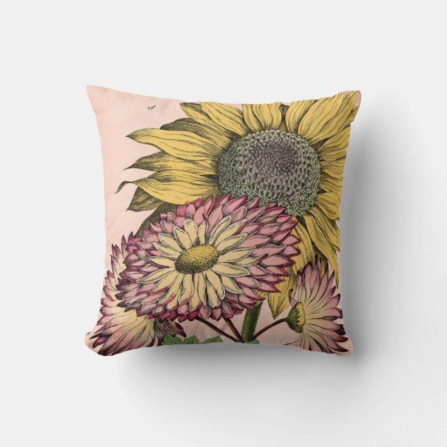 Vintage Botanical Bouquet on Pink Cushion (Front)
