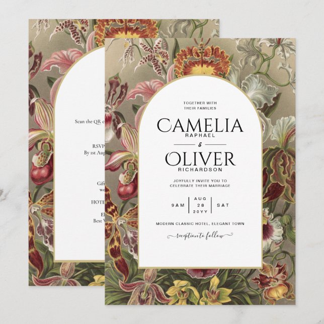 Vintage Botanical Burgundy Floral Wedding Invite (Front/Back)