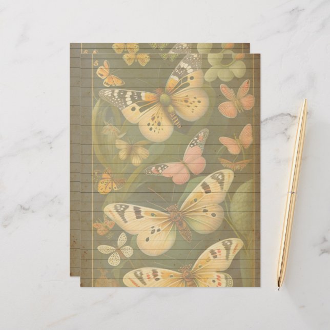 Vintage Botanical Butterflies Scrapbook Paper (Front/Back In Situ)