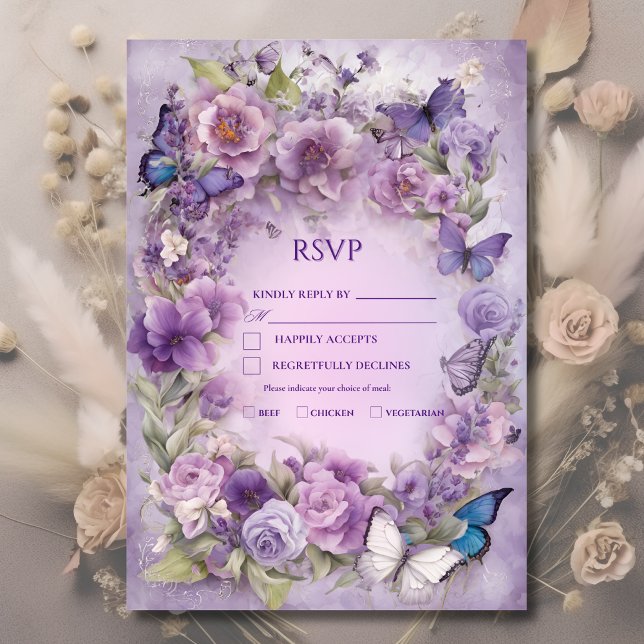 Vintage Botanical Butterfly Lavender Wedding RSVP Card (Creator Uploaded)