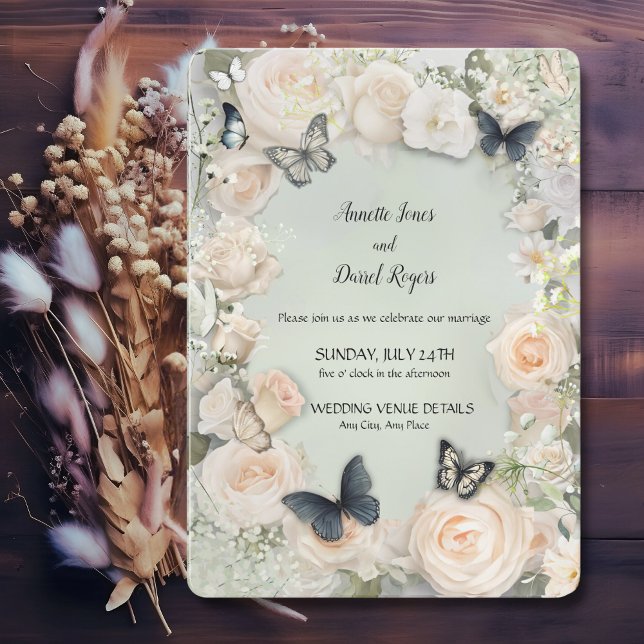 Vintage Botanical Butterfly Sage Wedding Invitation (Creator Uploaded)